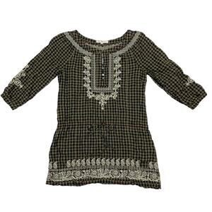 Johnny Was 3J Workshop Blue and Green Check Embroidered Tunic Top - Small